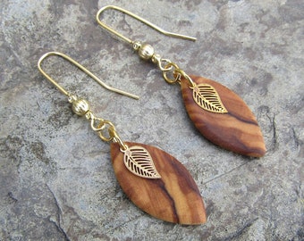 Earrings olive wood leaf leaves brass wooden ear hangers alentejoazul bronze natural handmade jewelry vegan boho hippy gold plated gift