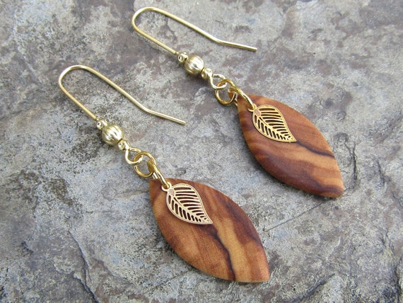 Earrings Olive Wood Leaf Leaves Brass Wooden Ear Hangers