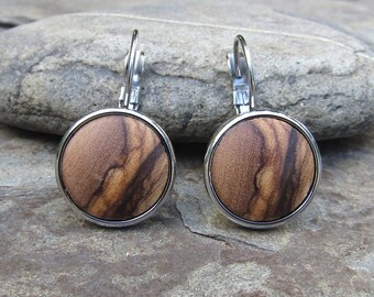 Earrings olive wood stainless steel Cabochons wooden jewelry handmade hypoallergeen alentejoazul portugal eco friendly earhanger dangle