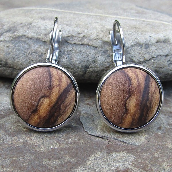 Boucles d'oreilles bois d'olivier acier inoxydable cabochon bois alentejoazul bijoux bois vegan cadeau ami noel portugal boho