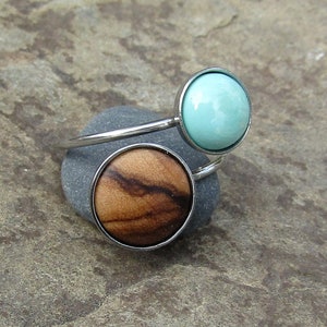 double ring olive wood turquoise howlite stainless steel adjustable cabochon wooden jewelry Hypoallergenic alentejoazul olive tree vegan image 3