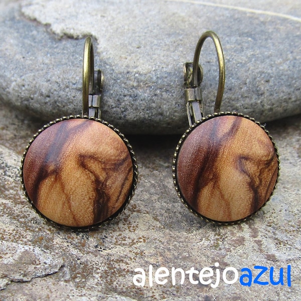 Boucles d'oreilles bois d'olivier cabochon bronze bois alentejoazul bijoux bois durable vegan cadeau ami noel portugal boho