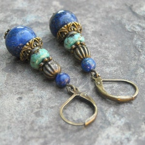 Earrings Lapislazuli african Turquoise Bronze earhangers alentejoazul dark blue boho hippy antique bronze handmade oriental image 3