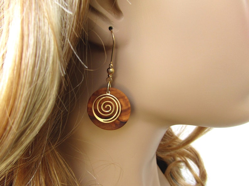 Earrings olive wood spiral swirl gold plated coil g infinity ethno yoga créoles round wooden golden boho alentejoazul natural jewelry vegan image 7