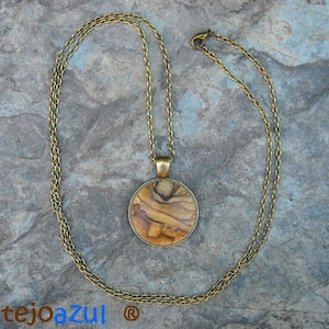 Collier bois d'olivier cuir bronze médaillon bois cabochon chaîne d'olivier pendentif bijoux en bois amulette porte-bonheur bijoux naturels alentejoazul Bronze chain75cm-29"