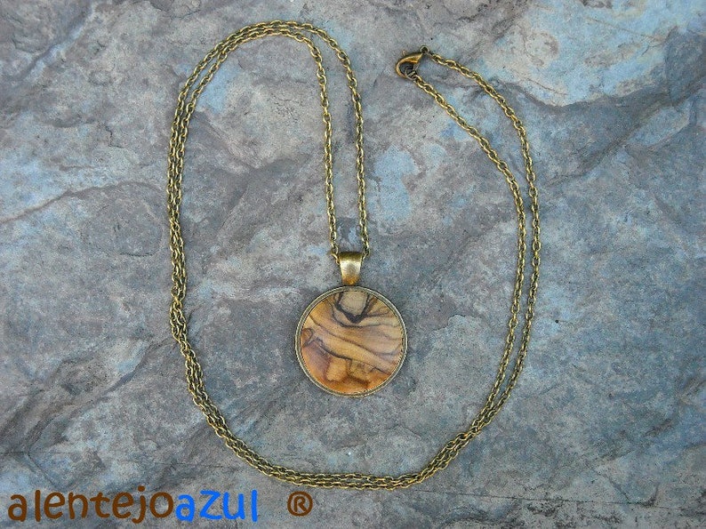 Collier bois d'olivier cuir bronze médaillon bois cabochon chaîne d'olivier pendentif bijoux en bois amulette porte-bonheur bijoux naturels alentejoazul Bronze chain75cm-29"