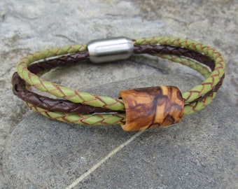 Bracelet olive wood leather olive green brown magnetic stainless steel handmade wooden bracelet men alentejoazul  natural man jewelry boho