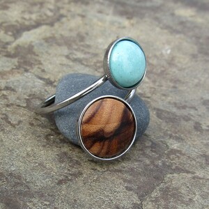 double ring olive wood turquoise howlite stainless steel adjustable cabochon wooden jewelry Hypoallergenic alentejoazul olive tree vegan image 5
