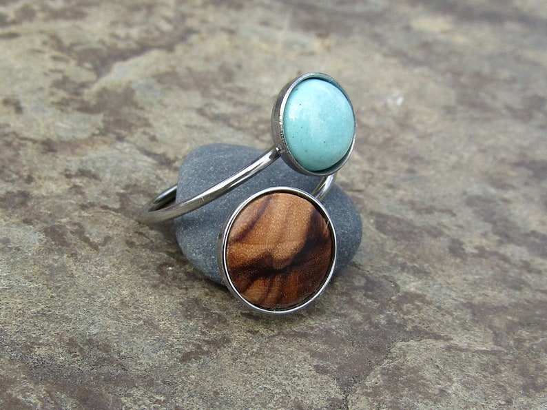 double ring olive wood turquoise howlite stainless steel adjustable cabochon wooden jewelry Hypoallergenic alentejoazul olive tree vegan zdjęcie 5