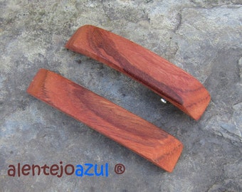 Set 2 mini barrettes red eucalyptus wood rectangular hairpin clip hair slide wooden alentejoazul vegan handmade portugal french barrette