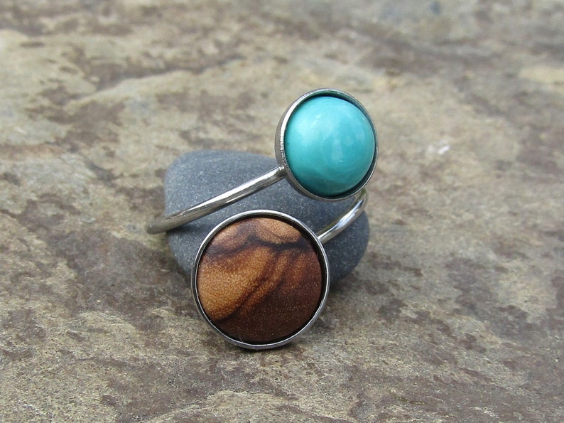 double ring olive wood turquoise howlite stainless steel adjustable cabochon wooden jewelry Hypoallergenic alentejoazul olive tree vegan image 1