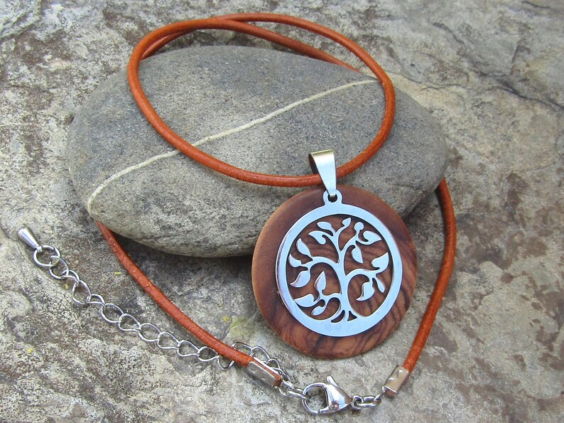 Necklace olive wood Tree of Life pendant leather stainless steel natural wooden jewelry handmade alentejoazul olive tree portugal hippy boho