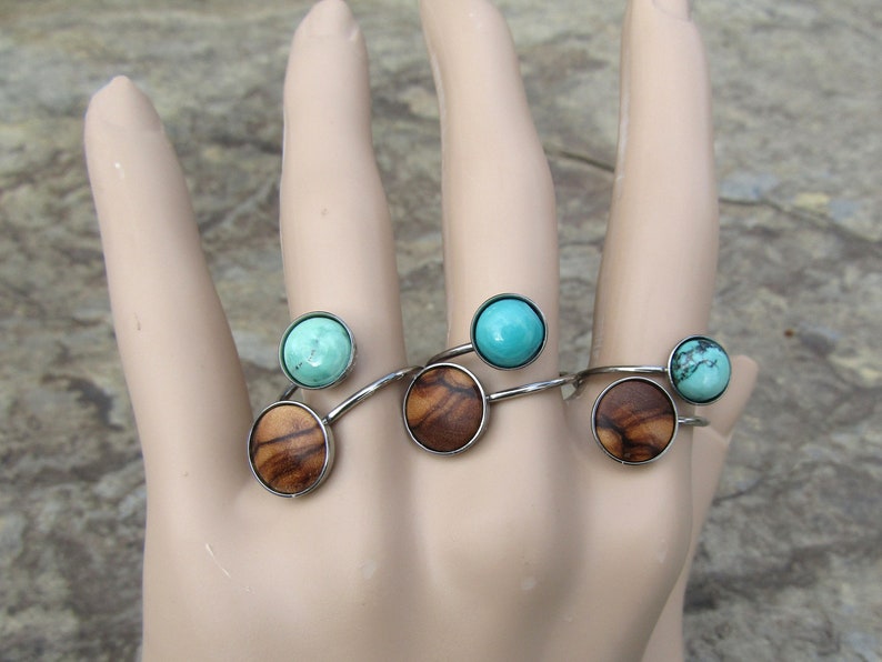 double ring olive wood turquoise howlite stainless steel adjustable cabochon wooden jewelry Hypoallergenic alentejoazul olive tree vegan image 9