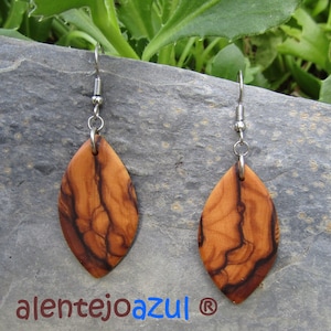 Earrings olive wood leaf leaves wooden  light weight earhangers alentejoazul natural jewelry vegan handmade portuguese jewelry boho hippy