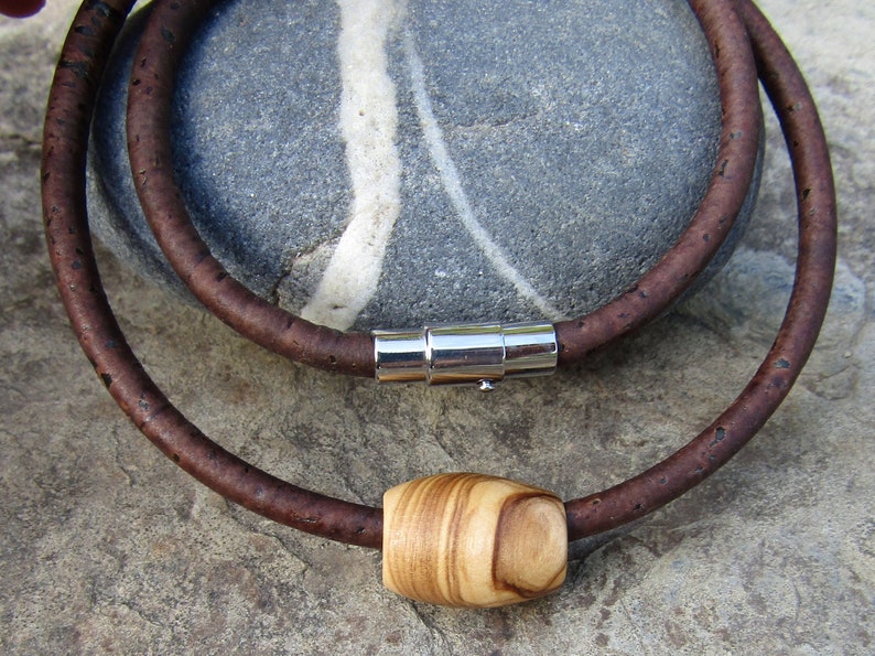 Necklace olive wood cork cord magnetic dark brown tube pendant stainless steel wooden cork jewelry vegan alentejoazul necklace men man image 5