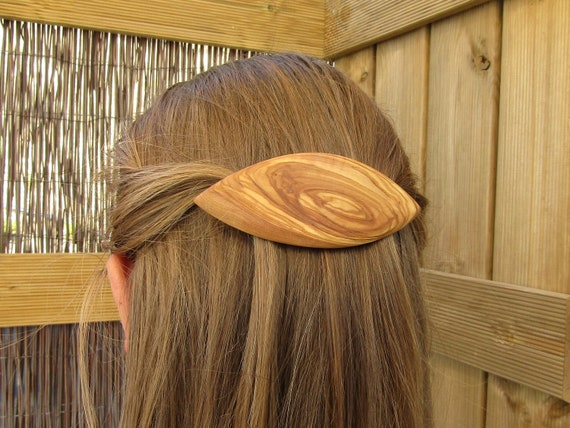 Barrette Olive Wood Thick Hair Navette Hairpin Large Hair Clip Etsy