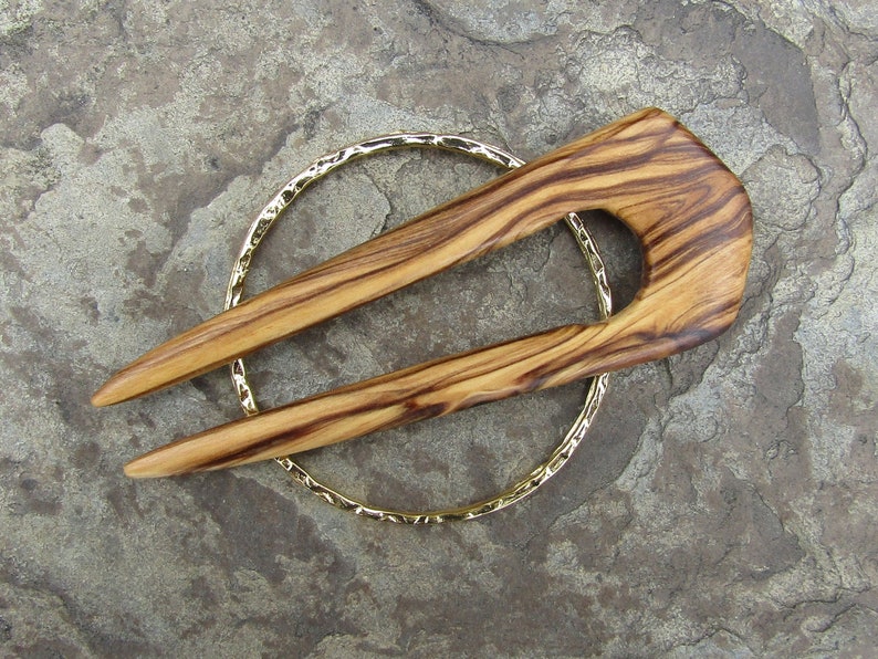 Hairpin olive wood circle ring mini Hairfork 2 prong shawl pin half bun Hair stick wooden hair clip slide round barrette alentejoazul image 4