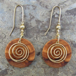 Earrings olive wood spiral swirl gold plated coil g infinity ethno yoga créoles round wooden golden boho alentejoazul natural jewelry vegan image 6