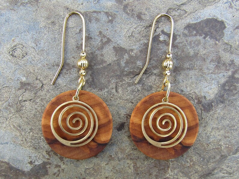 Earrings olive wood spiral swirl gold plated coil g infinity ethno yoga créoles round wooden golden boho alentejoazul natural jewelry vegan image 6