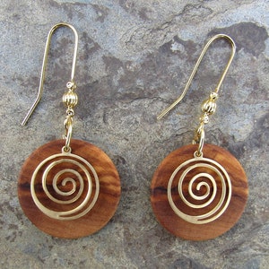 Earrings olive wood spiral swirl gold plated coil g infinity ethno yoga créoles round wooden golden boho alentejoazul natural jewelry vegan image 5