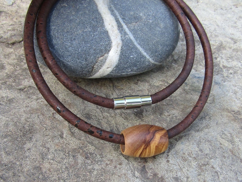 Necklace olive wood cork cord magnetic dark brown tube pendant stainless steel wooden cork jewelry vegan alentejoazul necklace men man image 2