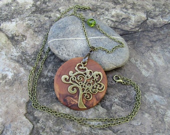 Collier bois d'olivier arbre de Vie vert verre bronze  chaîne bijoux bois amulette alentejoazul talisman olive pendentif  portugal