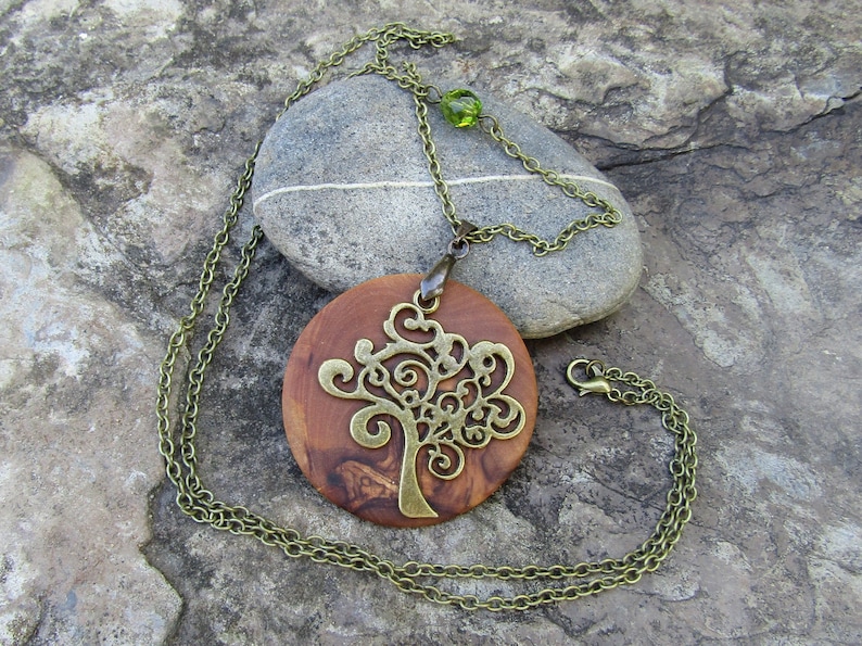 Necklace olive wood Tree of Life green bronze chain wooden jewelry alentejoazul amulet talisman olive tree pendant vegan portugal image 1