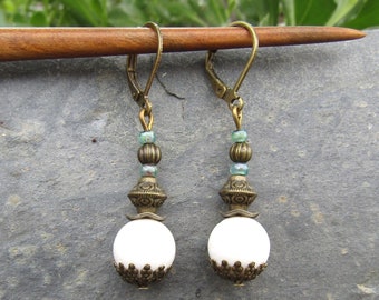 Earrings white coral  Bronze turquoise glass beads blue earhangers alentejoazul boho vintage bohemian hippy gift friend mother present