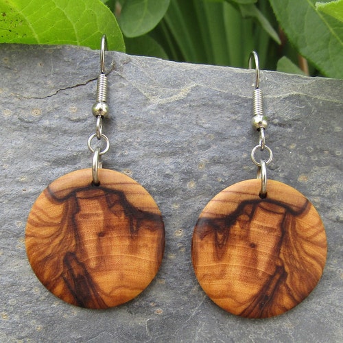 Earrings Olive Wood Hoops Diameter 35 Cm Créoles Round Wooden Etsy