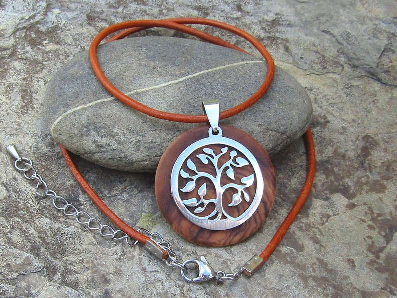 Necklace olive wood Tree of Life pendant leather stainless steel natural wooden jewelry handmade alentejoazul olive tree portugal hippy boho BROWN LEATHER