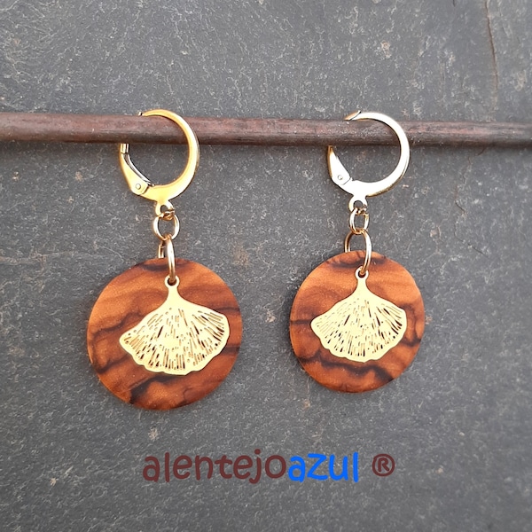 Earrings olive wood Ginkgo leaf leaves Hoops 0.78" 2 cm créoles circle wooden earhangers alentejoazul natural jewelry portugal boho hippy