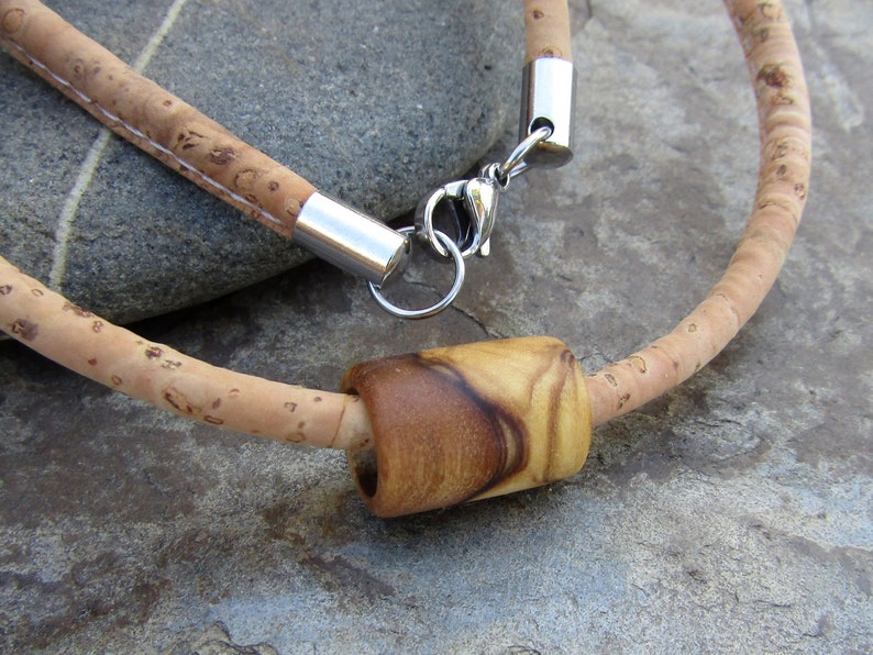 Necklace Olive Wood Cork Cord Natural Tube Pendant Stainless Etsy