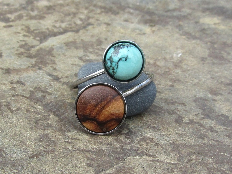 double ring olive wood turquoise howlite stainless steel adjustable cabochon wooden jewelry Hypoallergenic alentejoazul olive tree vegan image 2