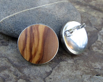 Brooch olive wood stainless steel 25mm round 0.78 inch wooden jewelry cabochon pin natural alentejoazul portuguese vegan olive tree gift