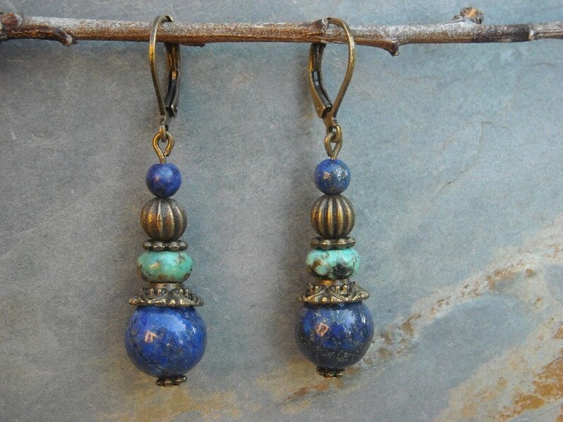 Earrings Lapislazuli african Turquoise Bronze earhangers alentejoazul dark blue boho hippy antique bronze handmade oriental image 4