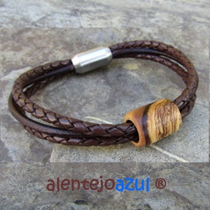 Armband olijfhout leren magneet sluiting hout roestvrij stalen handgemaakte houten mannen alentejoazul donkerbruin natuurlijk heren sieraden