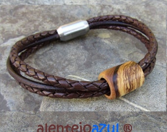 Bracelet olive wood leather magnetic stainless steel handmade wooden bracelet for men alentejoazul dark brown natural man mens jewelry boho
