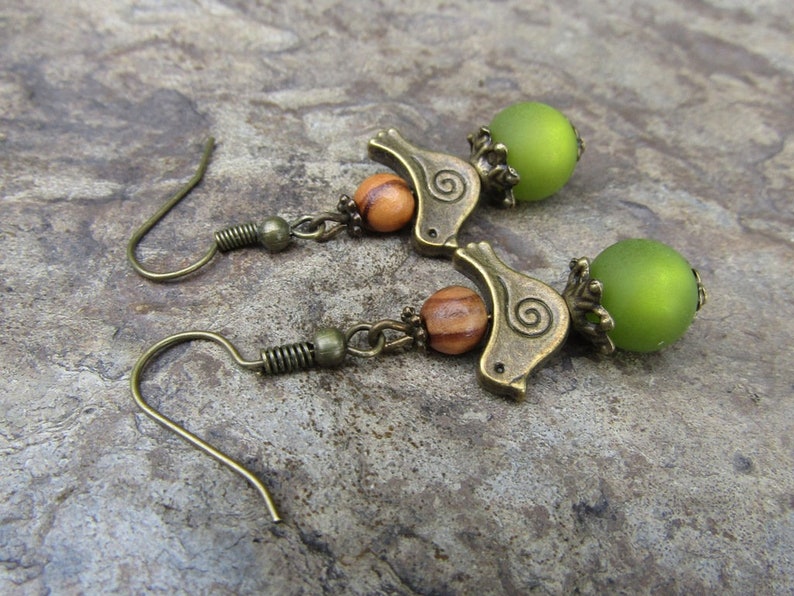 Boucles d'oreilles bois d'olivier oiseau bronze bijoux bois alentejoazul vert olive portugal image 1