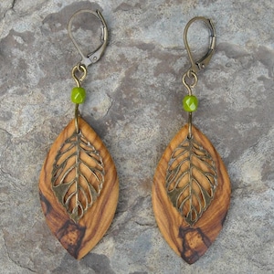 Earrings olive wood leaf leaves hoop green glass wooden earhangers alentejoazul bronze natural wooden jewelry vegan boho hippy image 5