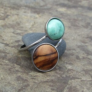 double ring olive wood turquoise howlite stainless steel adjustable cabochon wooden jewelry Hypoallergenic alentejoazul olive tree vegan image 6