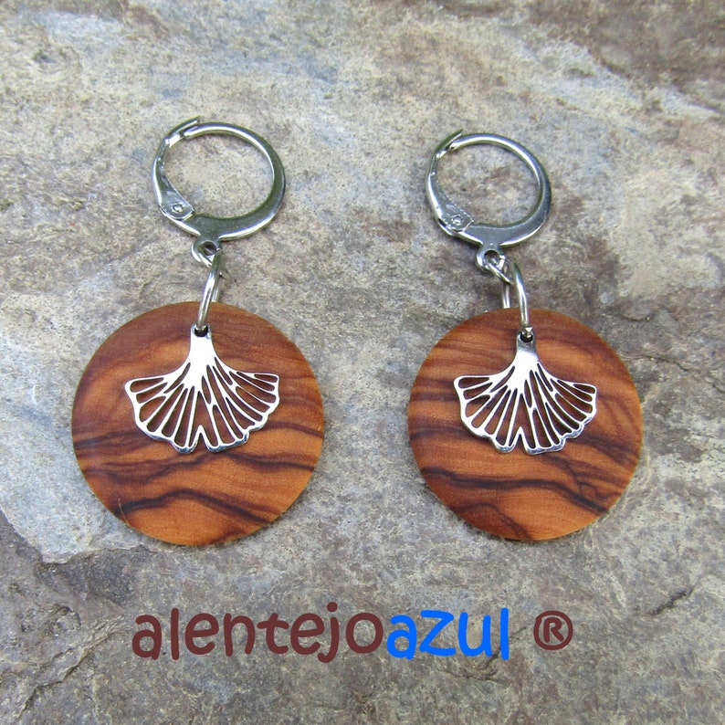 Earrings olive wood Ginkgo leaf leaves Hoops 0.78 2 cm créoles circle wooden earhangers alentejoazul natural jewelry portugal boho hippy image 4