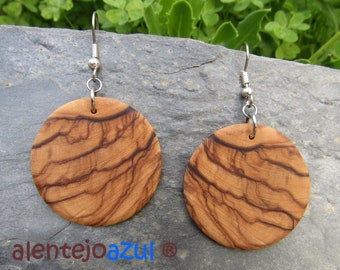 Earrings olive wood Hoops Diameter 3,5 cm créoles round wooden disk boho hippy earhangers alentejoazul vegan eco friendly natural handmade