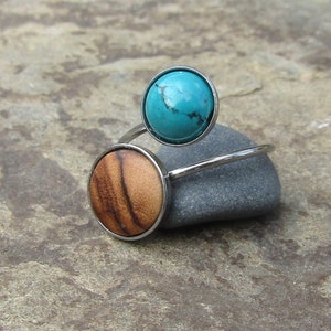 double ring olive wood turquoise howlite stainless steel adjustable cabochon wooden jewelry Hypoallergenic alentejoazul olive tree vegan zdjęcie 7