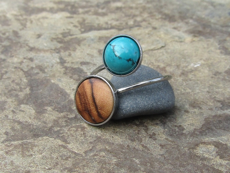 double ring olive wood turquoise howlite stainless steel adjustable cabochon wooden jewelry Hypoallergenic alentejoazul olive tree vegan image 7