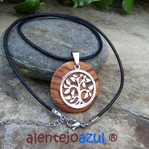 Necklace olive wood Tree of Life pendant leather stainless steel natural wooden jewelry handmade alentejoazul olive tree portugal hippy boho BLACK LEATHER