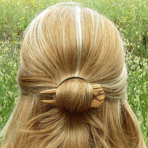 Hairpin olive wood circle ring mini Hairfork 2 prong shawl pin half bun Hair stick wooden hair clip slide round barrette alentejoazul