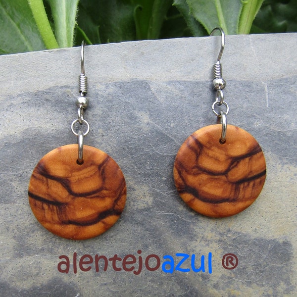 Earrings olive wood Hoops 0.78" Diameter 2 cm créoles circle disk round wooden earhangers alentejoazul natural jewelry portugal boho hippy