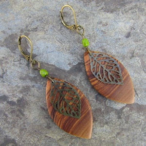 Earrings olive wood leaf leaves hoop green glass wooden earhangers alentejoazul bronze natural wooden jewelry vegan boho hippy image 7
