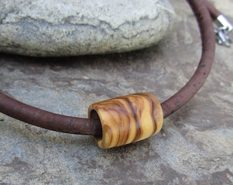 Necklace olive wood cork cord dark brown tube pendant stainless steel wooden cork jewelry vegan alentejoazul  necklace  men, man portugal