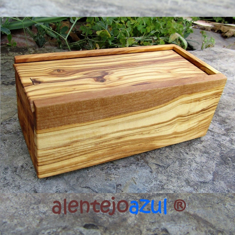 caja madera de olivo rectangular tapa deslizante caja madera alentejoazul escritorio oficina, regalo hombres, portugal boda natural imagen 1